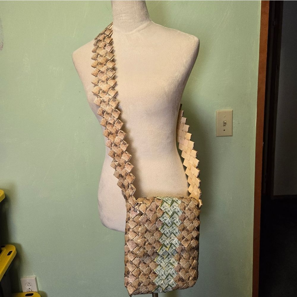 Woven Crossbody Bag in Tan and Cream